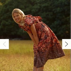 Anthropologie Floral Patchwork Mini Dress in Rust and Brown